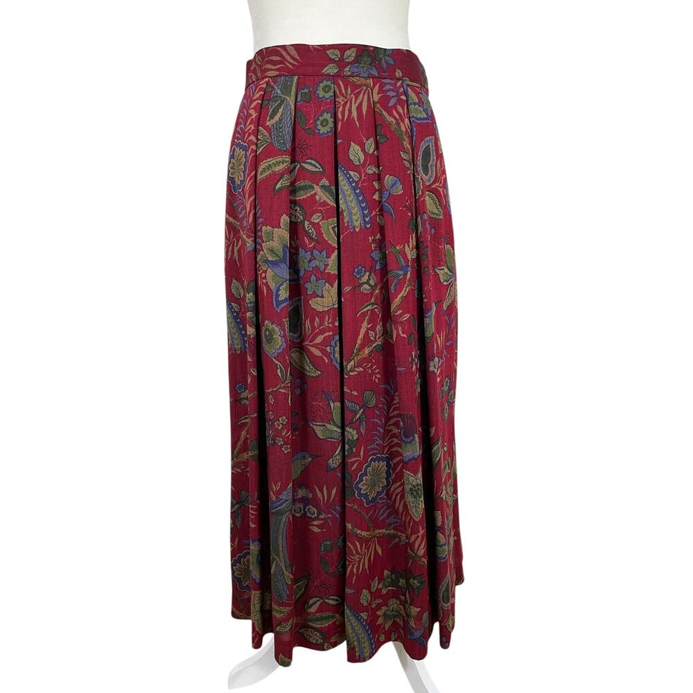 Vintage Geiger Wool A-Line Pleated Midi Skirt Floral Bird Sz 38 Boho Whimsy Chic